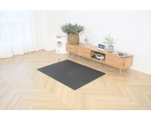 Vardagsrum med mörk, rektangulär dörrmatta på golvet.