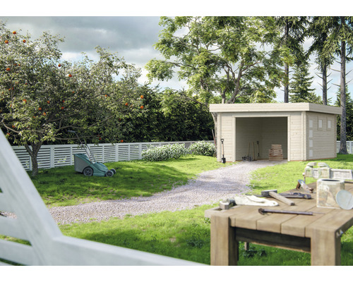 Garage PALMAKO Rasmus inkl. fönster utan port 21,7m² (19m²) 360x550cm obehandlad Trädgård med redskapsbod, gräsklippare och trädgårdsredskap