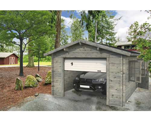Garage PALMAKO Roger inkl. dörr, fönster, sektionsport 21,7m² (19m²) 360x550cm doppimpregnerad ljusgrå