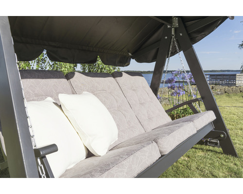 Trädgårdsgunga med tak, kuddar och metallram