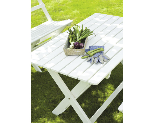 Trädgårdsbord med grönsaker, trädgårdssax och trädgårdshandskar i trädgården