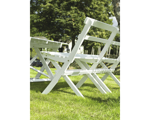 Trädgårdsscen med vitt trädgårdsbord och stolar på en gräsmatta