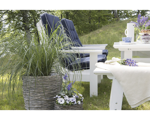 Trädgårdsscen med vita Adirondack-stolar, bord, filt och växtkorgar utomhus