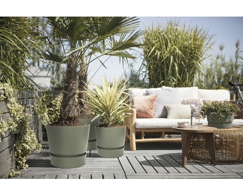 Terrass med växter i blomkrukor och sittmöbler