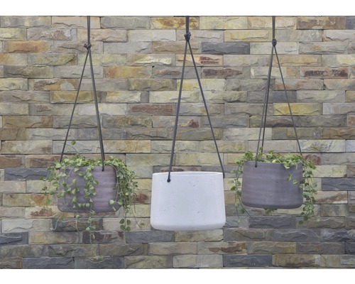 Tre hängande blomkrukor med växter framför stenmur