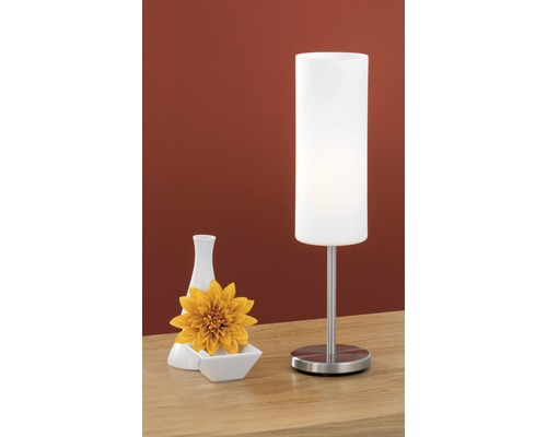 Dekorativ bordslampa med vas och blomma på ett bord