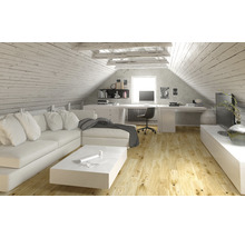 Ljust vindrum med soffa, bord, skrivbord och TV