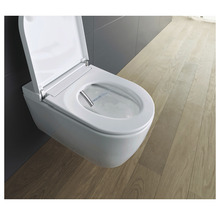 Vägghängd duschtoalett med öppet lock i badrummet