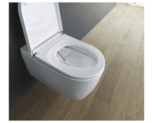 Vägghängd duschtoalett med öppet lock i badrummet