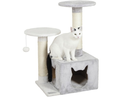 Klösträd för katter med liggytor, sisalstammar och katthus med katthuvudsöppning