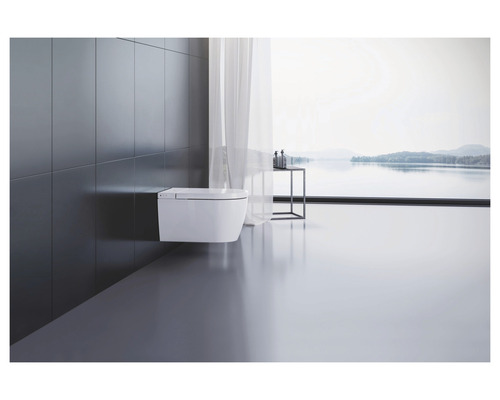 Modernt badrum med vägghängd toalett och utsikt över en sjö