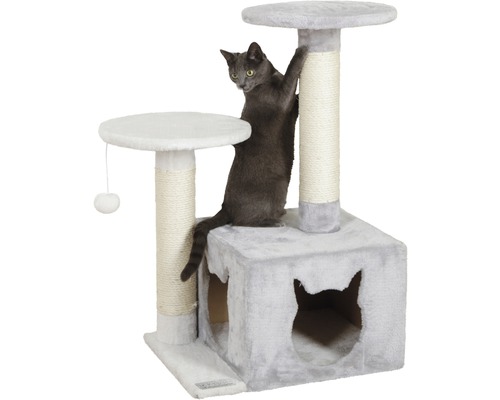 Katt klättrar på en klösmöbel med plattformar och ett katthus