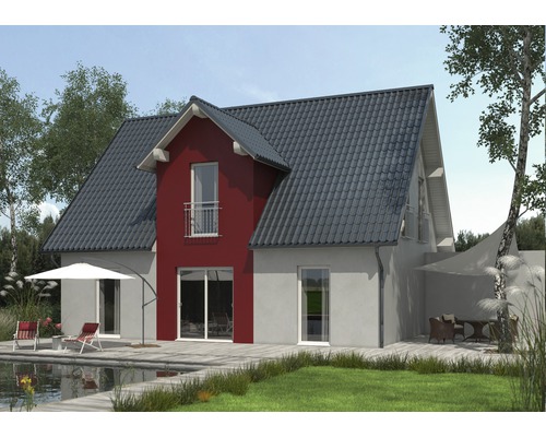 Vy över ett enfamiljshus med trädgård och terrass