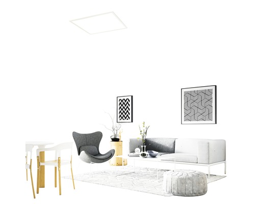 Vardagsrum med modern inredning och fyrkantig taklampa