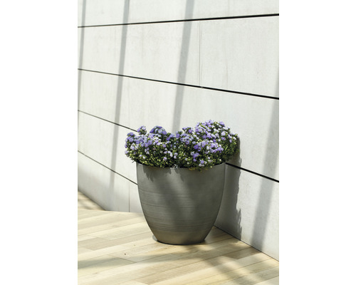 Blomkruka med blommor på en terrass