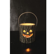 Halloweendekoration av trä med handtag och snidat ansikte