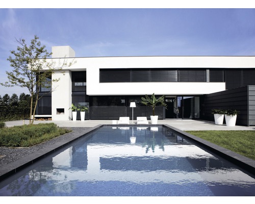 Modernt hus med pool, trädgårdsmöbler och växter