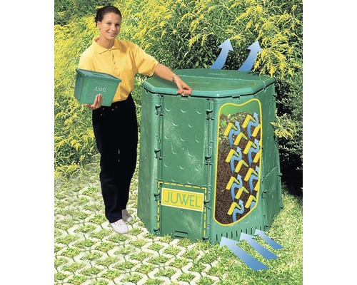 Kompost i trädgården med kvinna och hink