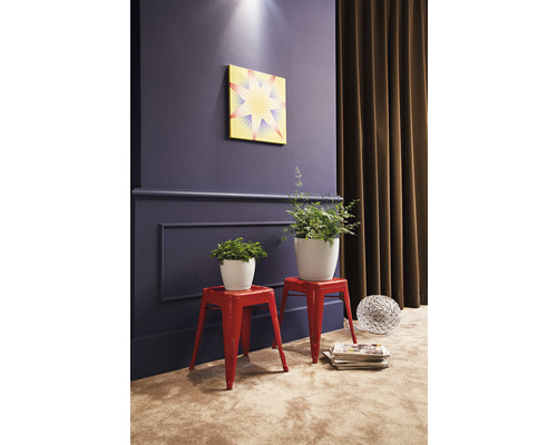 Vardagsrum med väggmålning, växter i krukor på pallar, tidskrifter och dekorativ boll