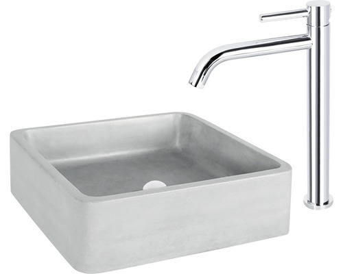 Fyrkantig tvättställsskål i betong med blandare