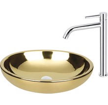 Tvättställ i guld med armatur i krom