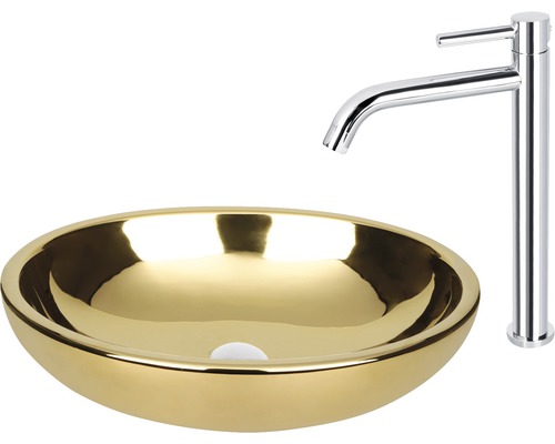 Tvättställ i guld med armatur i krom