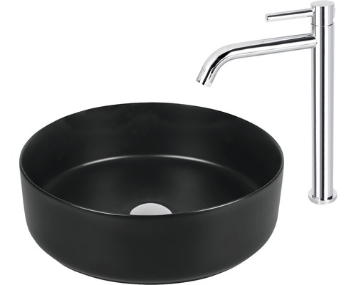 Svart keramisk tvättställsskål med kromblandare