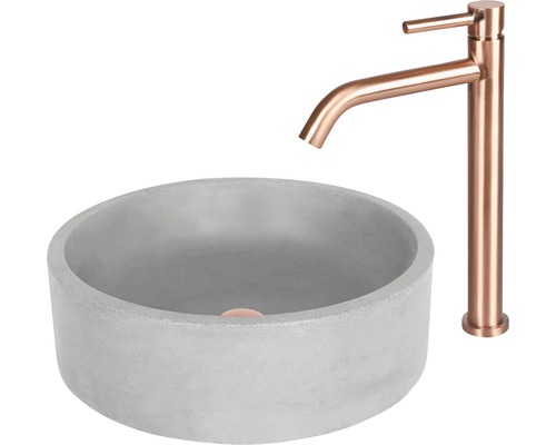 Rund tvättställ i betong med blandare