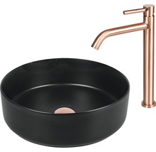 Rund tvättskål i keramik med armatur