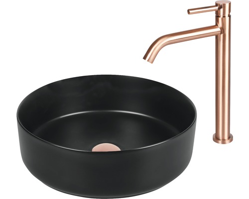 Rund tvättskål i keramik med armatur