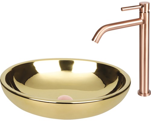 Guldfärgat tvättställ med blandare