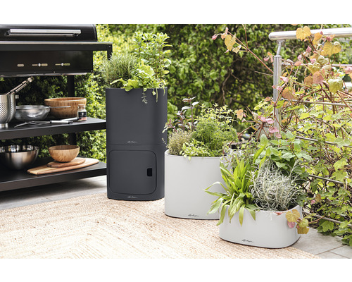 Tre planterade blomlådor på en terrass bredvid en grill.