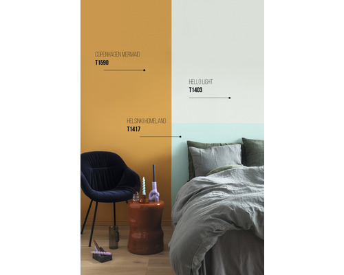 Inredningsdesign med färgidéer: Väggfärger i gult och grönt kombinerat med möbler och textilier.