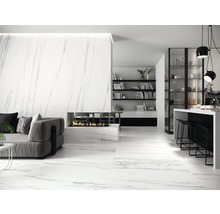 Vardagsrum med kakel i marmorlook, öppen spis och minimalistisk inredning