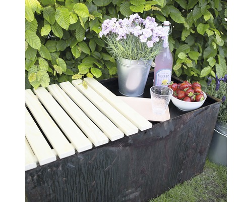 Dekorativ planteringslåda med träbänkskiva, dryck, jordgubbar och blommor i trädgården