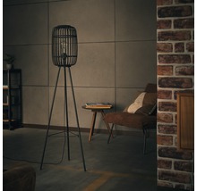 Golvlampa med stativ och skärm i form av en bur i vardagsrummet