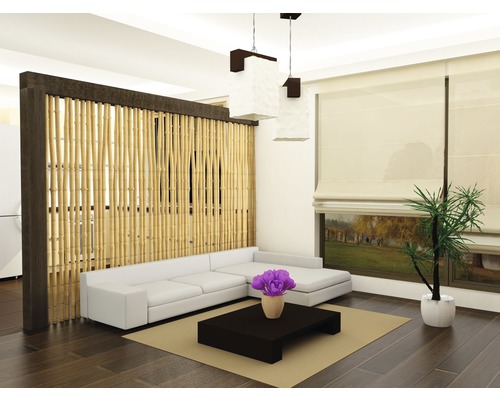 Vardagsrum med rumsavdelare i bambu, soffa, bord, matta och krukväxt