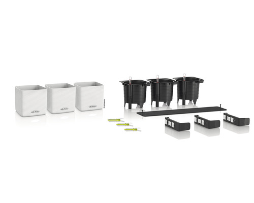 Planteringslådeset med bevattningssystem, bestående av planteringslådor, vattennivåindikator och tillbehör