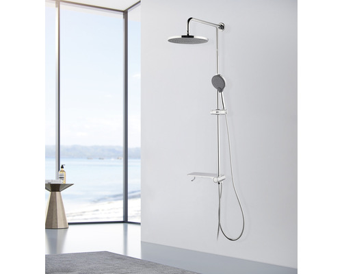 Duschsystem med huvud- och handdusch på en duschstång med hylla