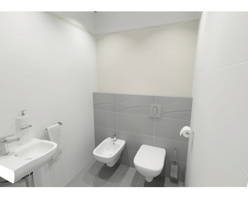 Ljust badrum med handfat, bidé och toalett framför väggplattor