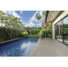 Pool i trädgården med växter och terrass