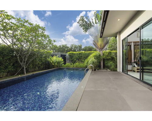 Pool i trädgården med växter och terrass