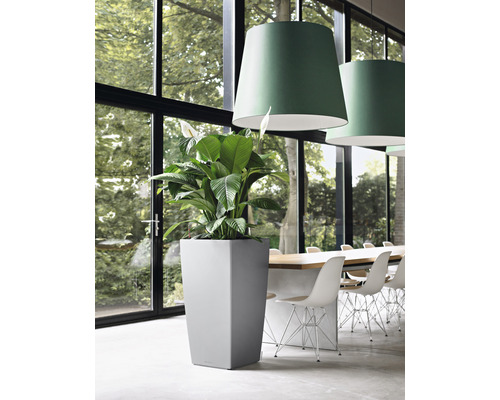 Hög, grå blomkruka med grön växt i ett ljust rum bredvid ett långt bord och stolar.