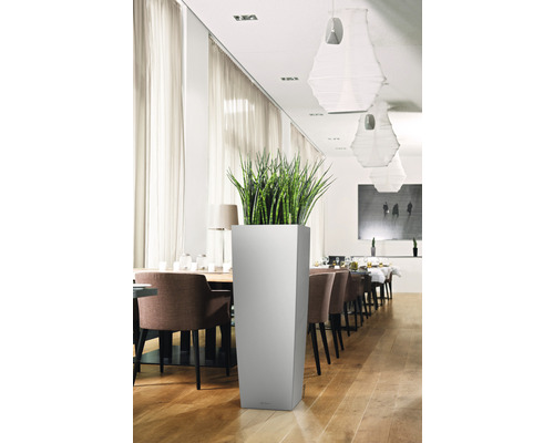 Hög, fyrkantig blomlåda med grön växt i ett ljust rum