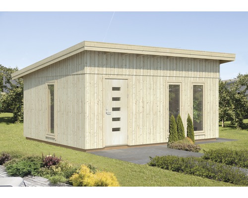 Modern trädgårdshus i trä med platt tak, dörr och fönster