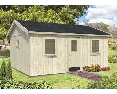 Attefallshus PALMAKO Pernilla 24,6m² (inv 21,5m²) inkl. golv 548x448cm natur Trädgårdshus i trä med fönster och dörr i trädgården