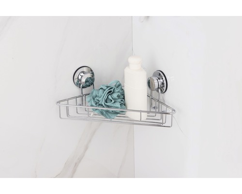Hörn hylla för duschförvaring med sugproppar, badsvamp och duschgelflaska