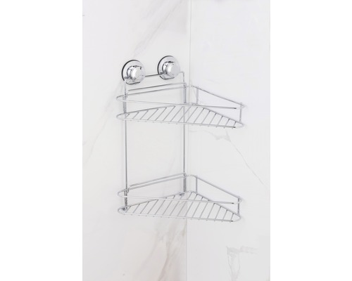 Hörnhylla med två hyllor och sugproppar för montering i badrummet