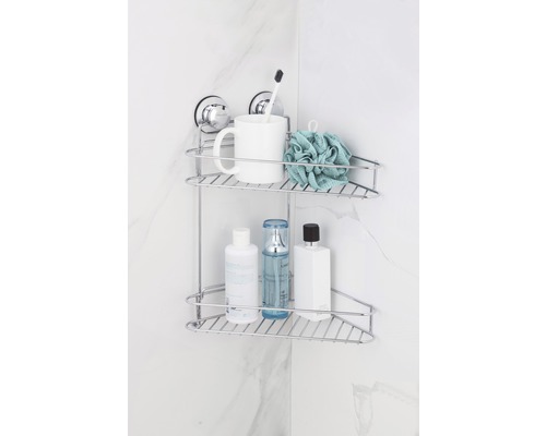 Hörnhylla med två hyllor, fäst med sugkoppar, med badrumsartiklar