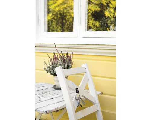 Utomhusscen med bord, stol, krukväxt och lås framför ett fönster